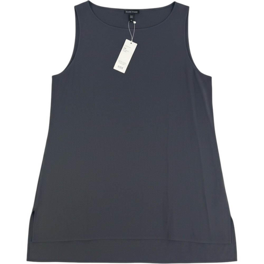 Eileen Fisher Silk Georgette Crepe Bateau Neck Long Shell Graphite Grey Large